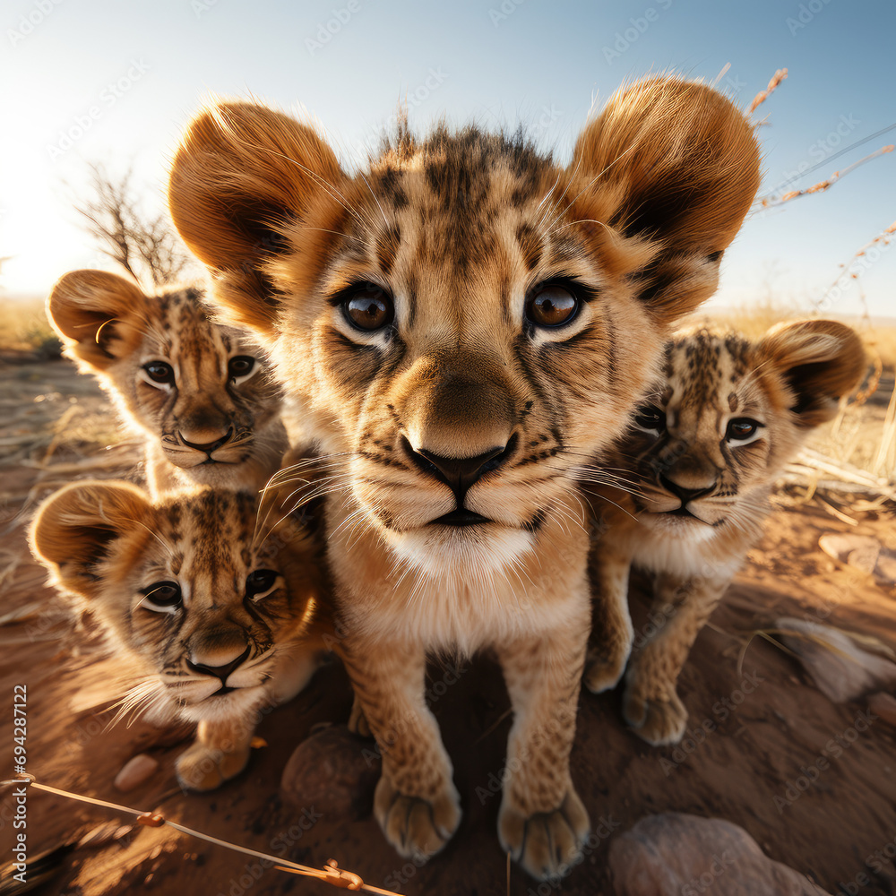 A group of young lions are curiously looking directly at the camera in the desert. A group of young lions are curiously looking directly at the camera in the desert.