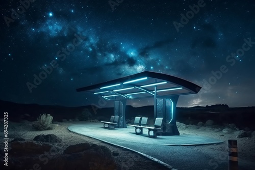 Futuristic bus stop in night. Art night city view modern. Generate Ai