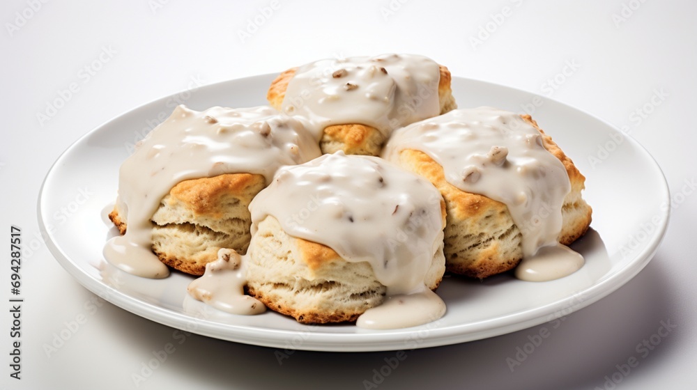 Indulge in the warmth of a classic biscuits and gravy ensemble, the golden-brown biscuits and creamy, flavorful gravy harmoniously arranged on a pristine white background.