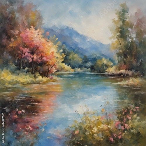 painting of landscape with lake, impressionism, stylized, detailed