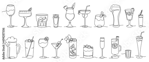 Continuous one line alcohol drinks. Alcoholic beverages glasses, from classic cocktails to craft beer, shots of strongest liquors and chill whiskey isolated vector illustration set © WinWin