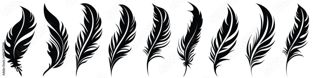 Bird Feather black silhouettes. Plumelet collection. Vector isolated on white Bird Feather black silhouettes. Plumelet collection. Vector isolated on white