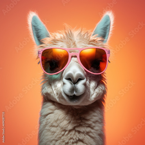  Creative animal concept. Llama in sunglass shade glasses isolated on solid pastel background, commercial, editorial advertisement, surreal surrealism