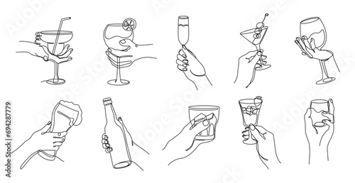 Continuous one line cheers hands. Linear hands raising various glasses with alcohol drinks in celebration. Toast of elegance isolated vector illustration set