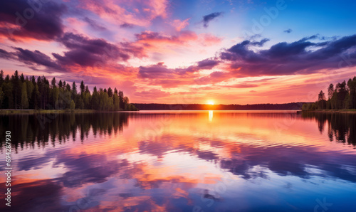 An image of a vibrant sunset over a serene lake