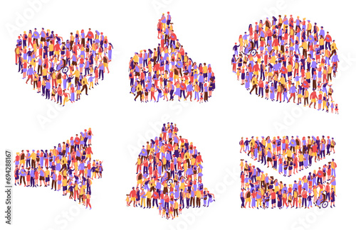 Top view isometric crowd icons. Heart shape, thumb up like, social speech balloon comment, notification bell and email envelope symbol