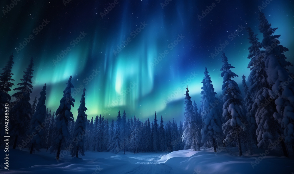 Aurora borealis. Northern lights in winter forest Aurora borealis. Northern lights in winter forest
