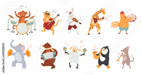 Animals play music. Zoo musicians, cute animal mascots with different musical instruments and orchestra characters isolated cartoon vector illustration set