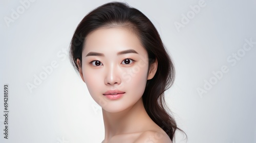 Beautiful Asian girl with clean  fresh skin on white background. Facial care