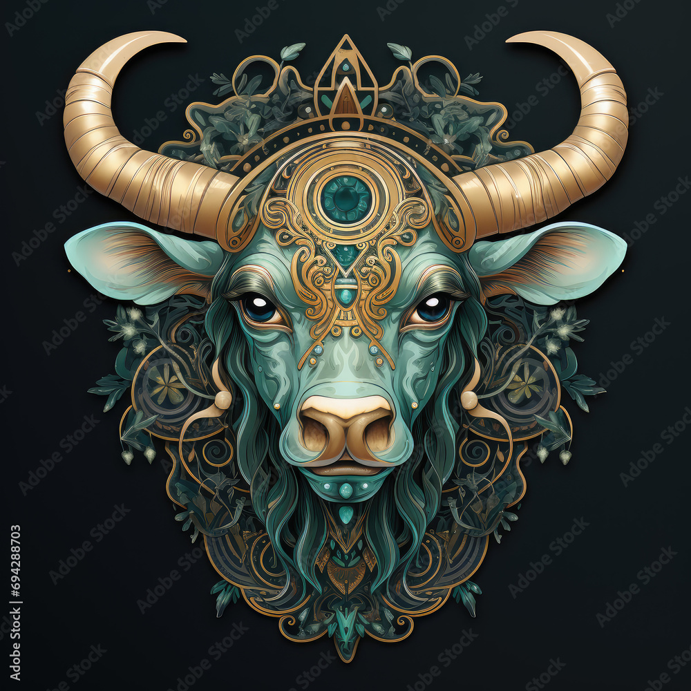Taurus, head of bull, in the style of cosmic symbolism, dark gold and teal, detailed facial features, mirrored, dark and intricate, celestial, velvia, black background, sticker design, emblem Taurus, head of bull, in the style of cosmic symbolism, dark gold and teal, detailed facial features, mirrored, dark and intricate, celestial, velvia, black background, sticker design, emblem