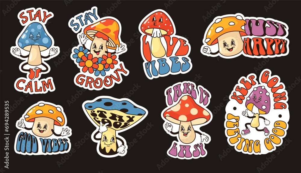 Cartoon mushrooms stickers. Groovy fungi, stay calm and good vibes print designs with funny mushroom characters vector set