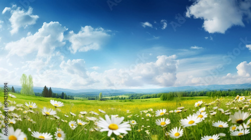 Beautiful spring landscape with meadow yellow flowers and daisies against the blue sky. Natural summer panorama. Environmental concept. Beautiful summe or sprting time landscape.