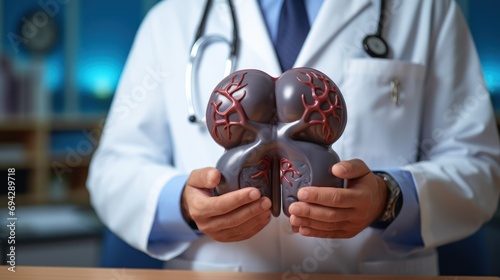 Doctor holding an anatomical kidney adrenal gland model photo