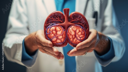 Doctor holding an anatomical kidney adrenal gland model