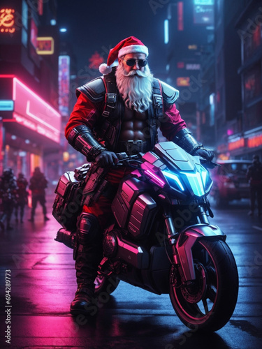 Generated by AI: Christmas Revolution: Strong Santa Rides a Cyberpunk Motorcycle, Transforming the Holidays