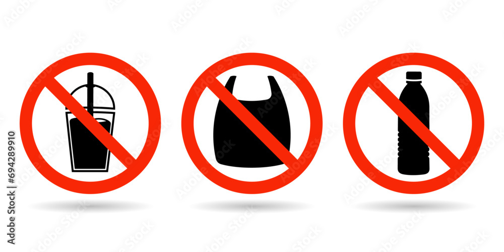 Set of no plastics sign. No plastic bag, glass, bottle, and drink cup sign vector. No warning label vector Set of no plastics sign. No plastic bag, glass, bottle, and drink cup sign vector. No warning label vector