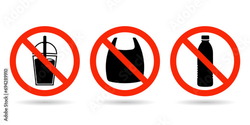 Set of no plastics sign. No plastic bag, glass, bottle, and drink cup sign vector. No warning label vector photo