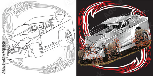 outline and painted racing car illustrations isolated in black background, this design is not ai generated.` Please see my portfolio. I've been making microstock designs for 3 years