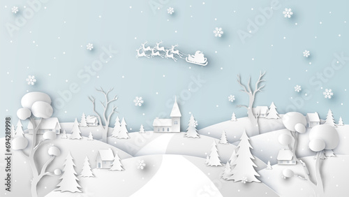 Winter Christmas with village and Santa Claus flying on the sky. Merry Christmas and Happy New Year. paper cut and craft style. vector, illustration.