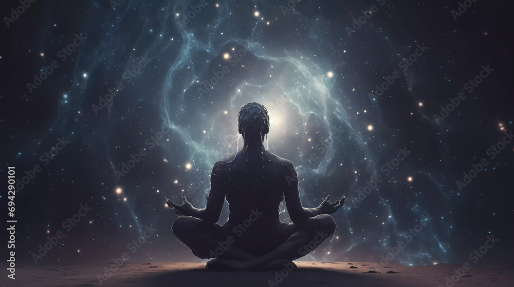 Sillhouette of men meditating in a lotus position, surrounded by swirling galaxies and constellations, representing the connection between inner peace and the vastness of the universe.