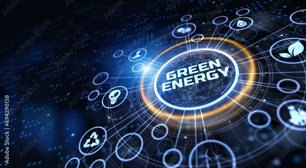 Green energy renewable eco friendly technology concept on virtual screen.