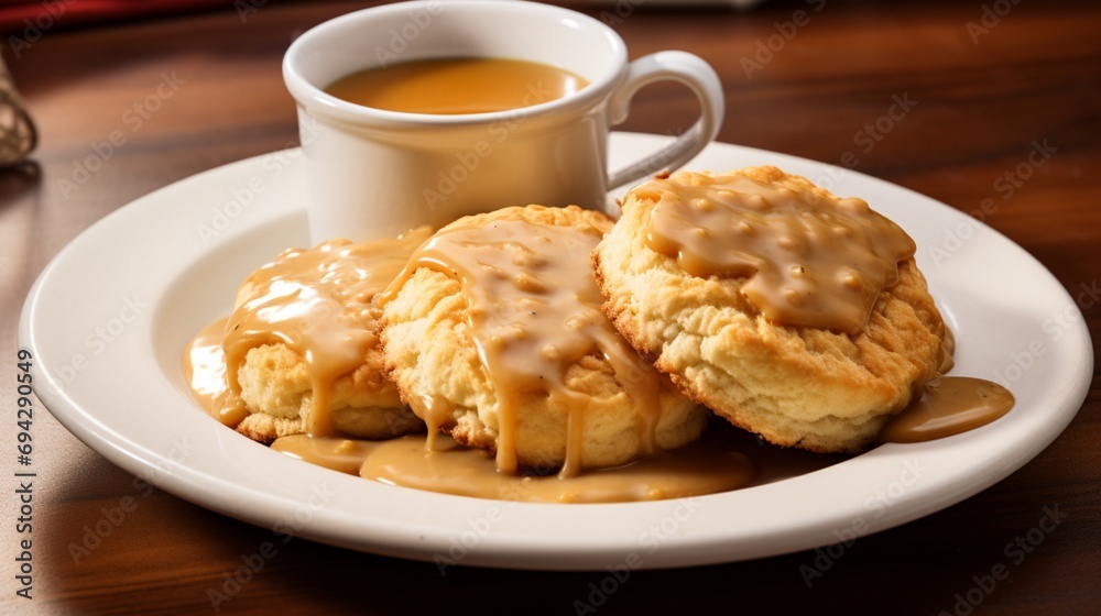 the golden biscuits and rich, flavorful gravy arranged with care on a pristine white plate.