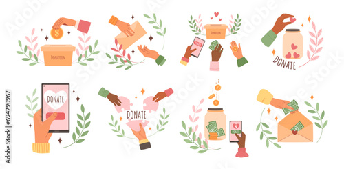 Send donation. Hands contributing money by online transactions, cash in donation boxes and charity jars vector illustration set