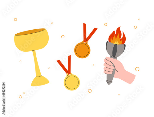 Symbols of relay race. Medals, cup and torch.