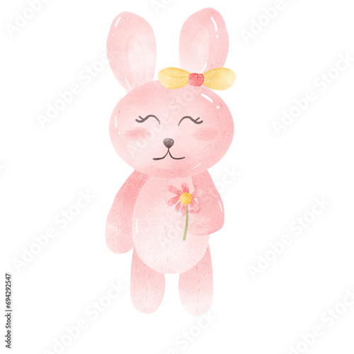 Little pink rabbit holding a pink flower