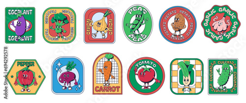 Cartoon vegetables stickers. Veggie emblems templates with retro 1930s mascot characters. Grocery labels vector set