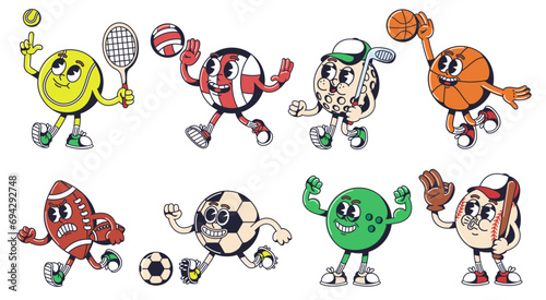 Cartoon sport ball mascot. Sports equipment characters for tennis, basketball, golf, volleyball, bowling, football and soccer design vector set photo