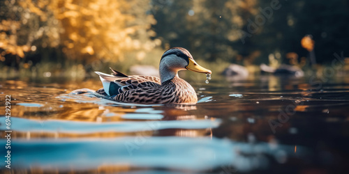 A duck is splashing in the water with the sun setting ,Wild duck mallard anas platyrhynchos,portrait of a mallard duck swimming in a river,Duck Background,A cute duckling quacking by the pond reflecti photo