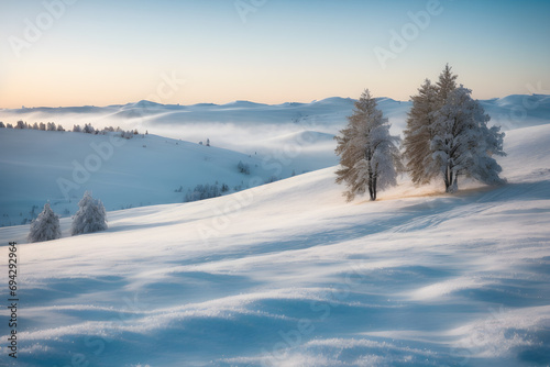 Rolling hills covered in a blanket of snow, a winter landscape that exudes calm and tranquility © riowmartha