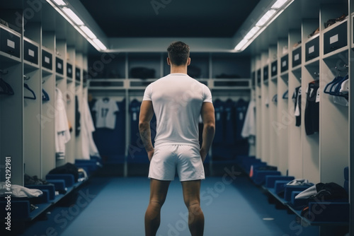 Soccer athlete in locker room ready for the match photo