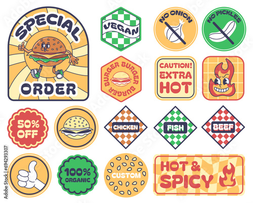 Fast food burger packaging stickers. Special order label, caution hot badge, meat type labels for Chicken, Fish and Beef, Vegan sticker vector illustration set