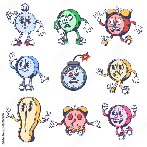 Cartoon time mascots. Stopwatch character, alarm clock going late, timer bomb, zen meditation time and melted clock isolated vector illustration