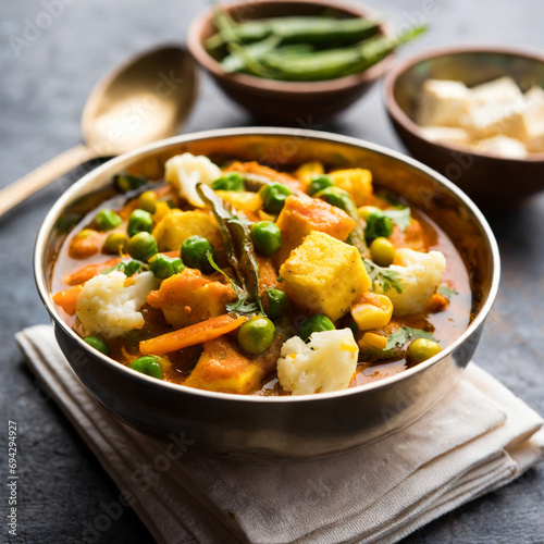 mix vegetable curry indian main course recipe contains carrots, cauliflower, green peas and beans, baby corn, capsicum and paneer cottage cheese with traditional masala and curry, selective focus