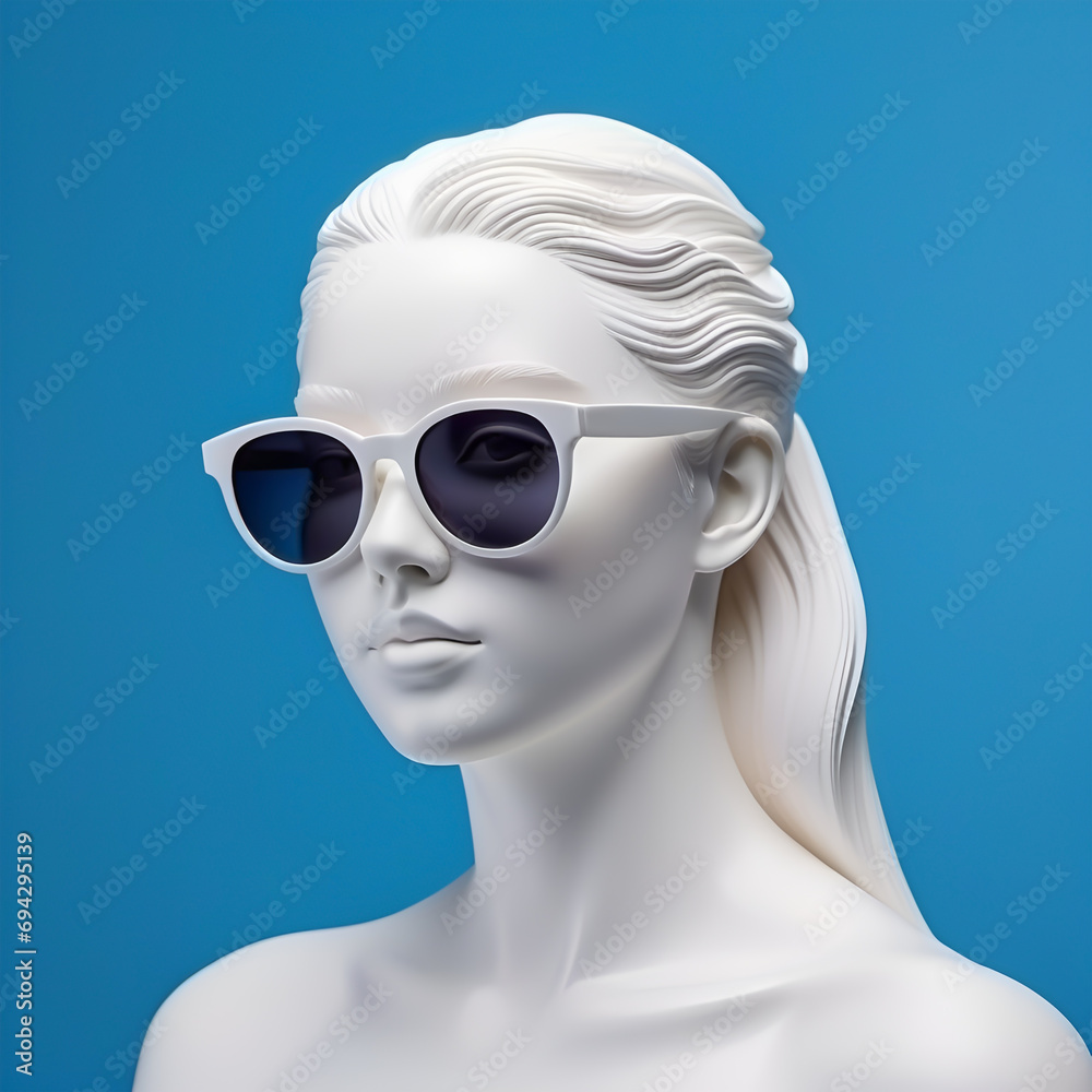 A plaster statue of a woman with white plastic sunglasses isolated on a blue color background.