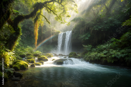 A hidden waterfall nestled in a lush rainforest, surrounded by vibrant foliage