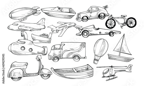 Means of transport handdrawn collection