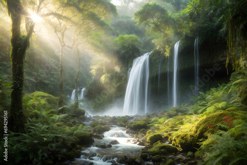 A hidden waterfall nestled in a lush rainforest  surrounded by vibrant foliage