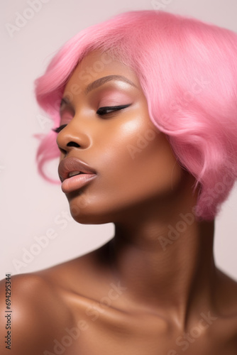 Elegant profile of a black woman with short pink hair, bare shoulders, soft makeup, light background.