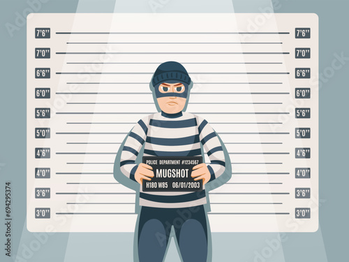 Criminal mugshot. Cartoon thief character in striped outfit, holding police department records sign with number on height chart background. Crime and law vector illustration