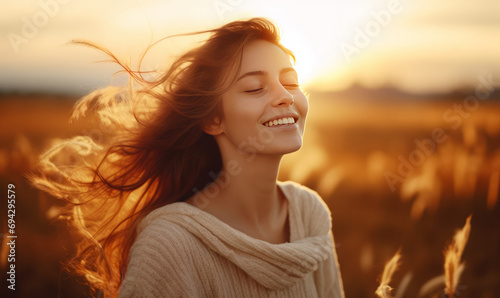 smiling free woman with closed eyes at sunset  © adam