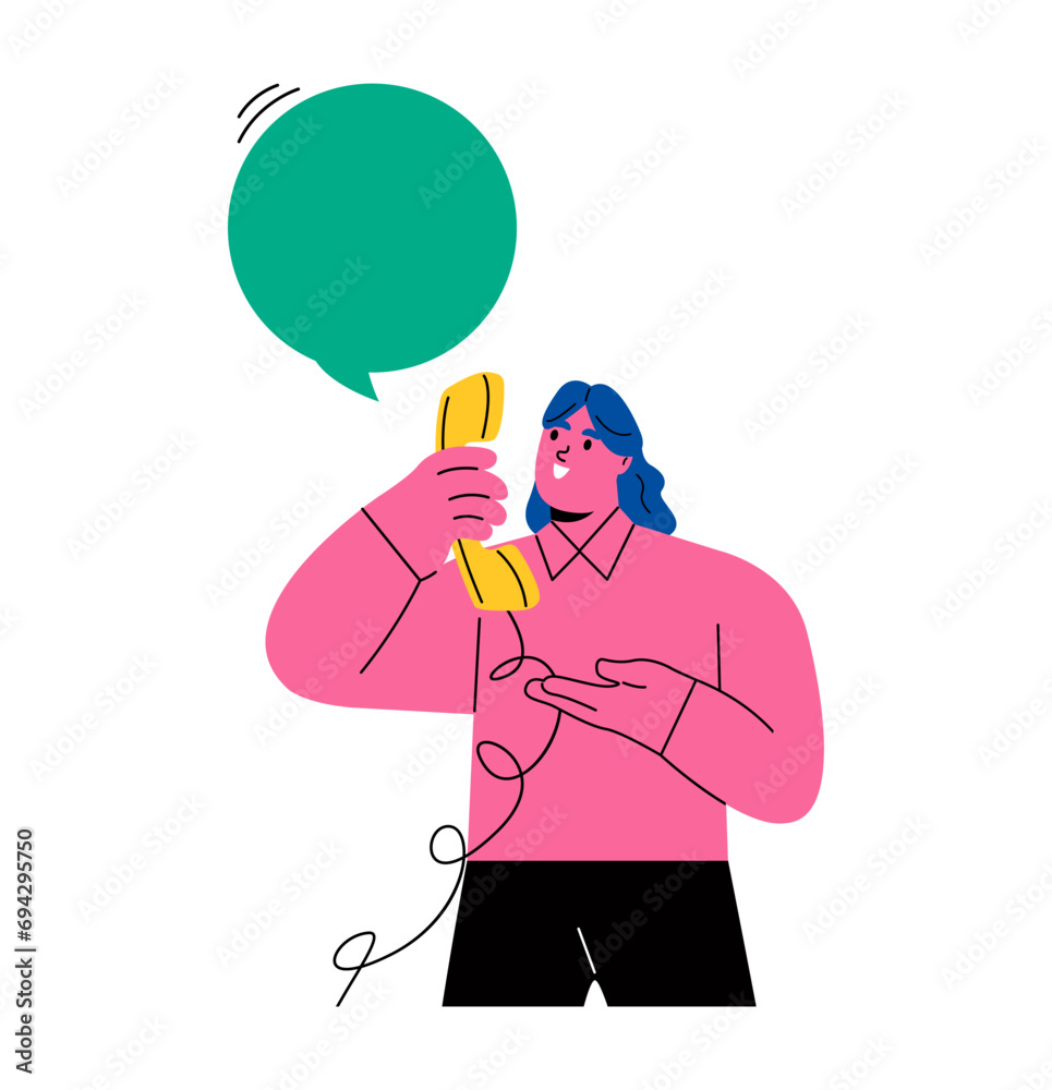 Business woman talking on the phone. Communication by landline phone. Flat vector illustration isolated on white background