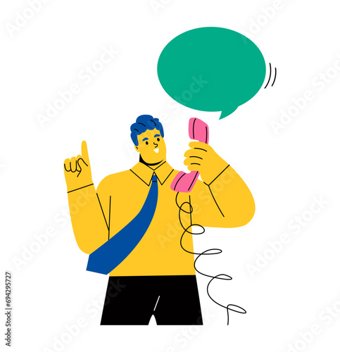 Business man talking on the phone. Communication by landline phone. Flat vector illustration isolated on white background