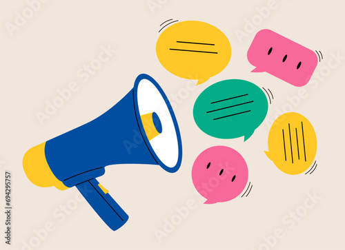 Loudspeaker, and messages. Advertisement, announcement, message, alert. Social media concept. Colorful vector illustration