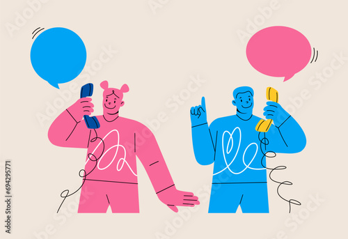 Man and woman are talking to each other on the phone. Communication by landline phone. Colorful vector illustration