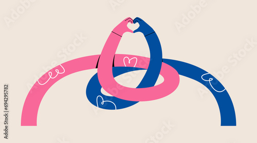Two hands in the shape of a heart. Concept symbol of love, support, family, romance. Colorful vector illustration