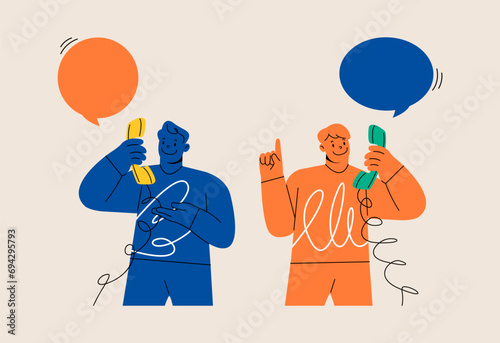 Two man are talking to each other on the phone. Communication by landline phone. Colorful vector illustration